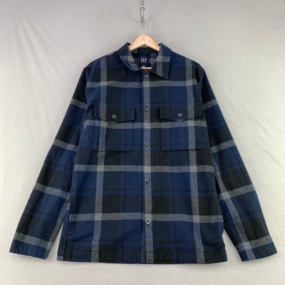 GAP Boiled Plaid Shirt Jacket Men M Tall Blue Wool Blend Flannel Shacket Pockets